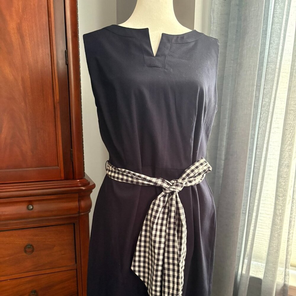 Navy Blue Sleeveless Dress with gingham sash/belt